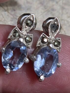 Vintage Art Deco Style Sterling Silver Marcasite & Sky Blue Earrings
